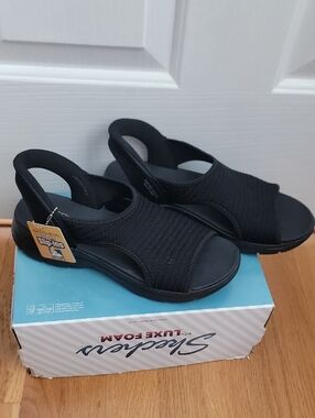 Skechers Black Stretch Fabric Slingback Sandals Memory Maker New 10 Slip Ins